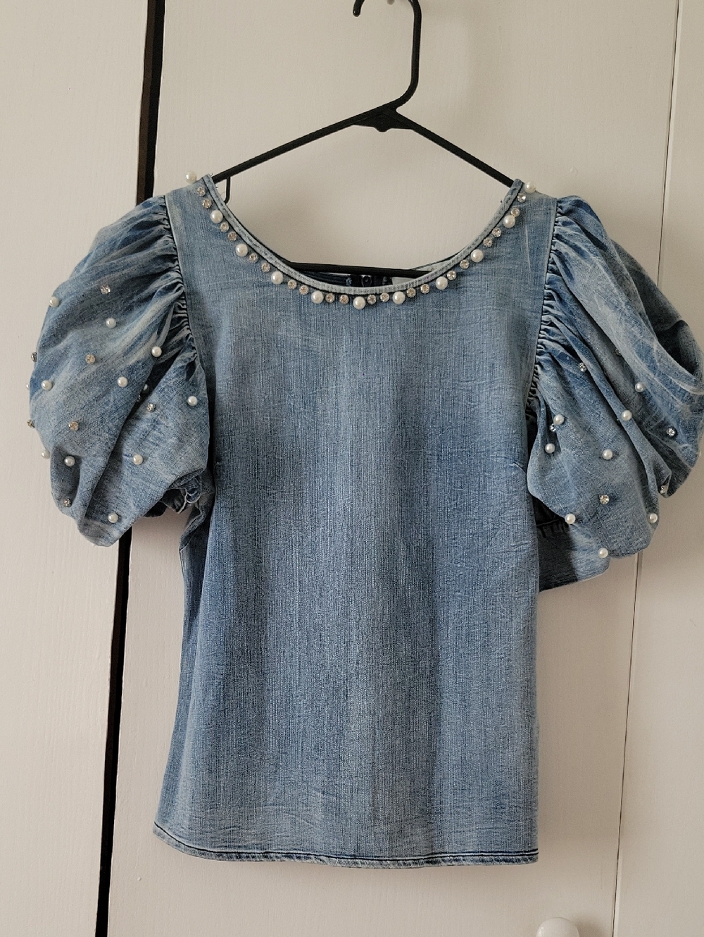 Pastels Pearl-Trim Puff Sleeve Denim Top - Blue